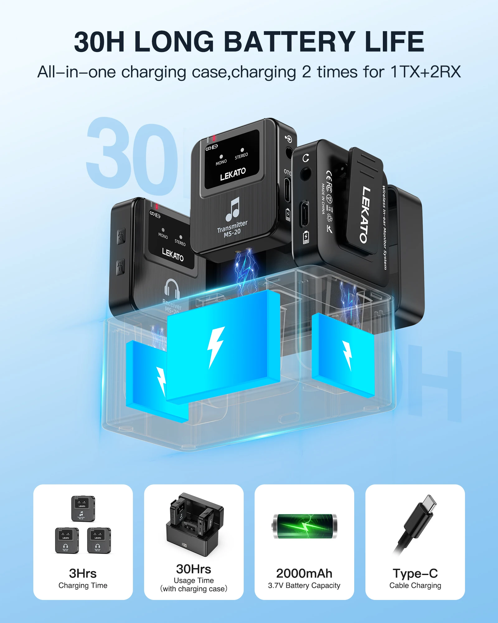 In Ear Monitor Iem - ระบบมอนิเตอร์ไร้สายในหู Lekato รุ่น Ms-20 พร้อมเคส, แบตเตอรี่ใช้งานได้